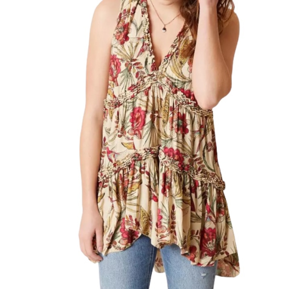 Free People Haze Floral Boho Hummingbird sleeveless top Blouse Tunic XS